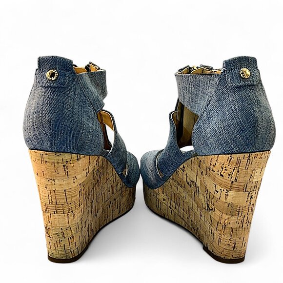 Michael Kors Blue Cork Wedge Sandal Platform Zip Back Washed Denim Size 9.5M - Picture 5 of 8